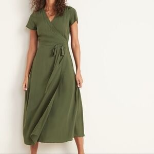 Old Navy Waist-Defined Wrap Midi Dress Olive XL Like New